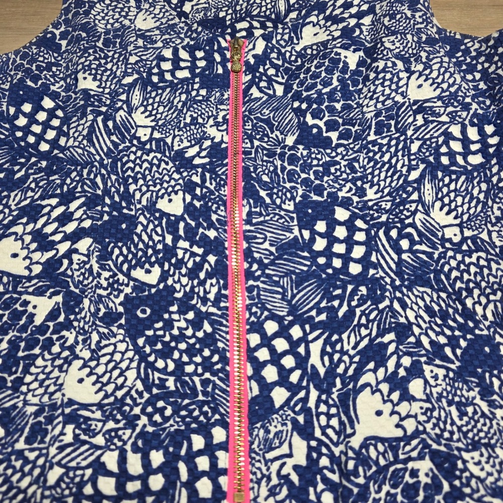 Lilly Pulitzer Shift Dress Women 8 Blue White Fish Print Crochet Lace Nautical - Picture 7 of 10
